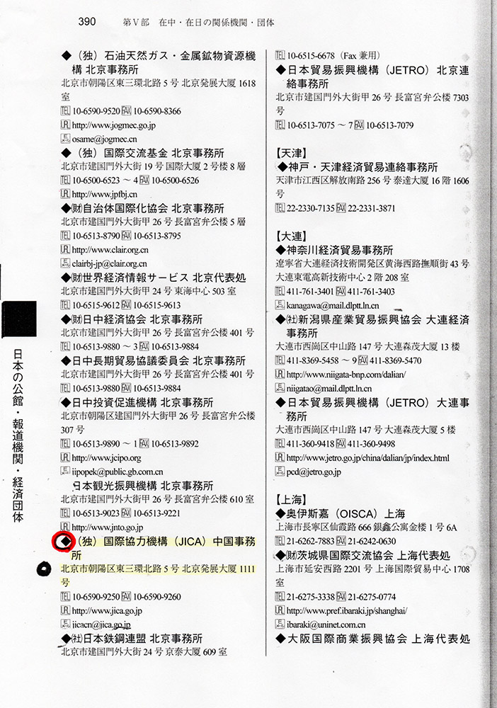 JICA本部設置場所・JICA中国支部・三井閥企業各社住所録