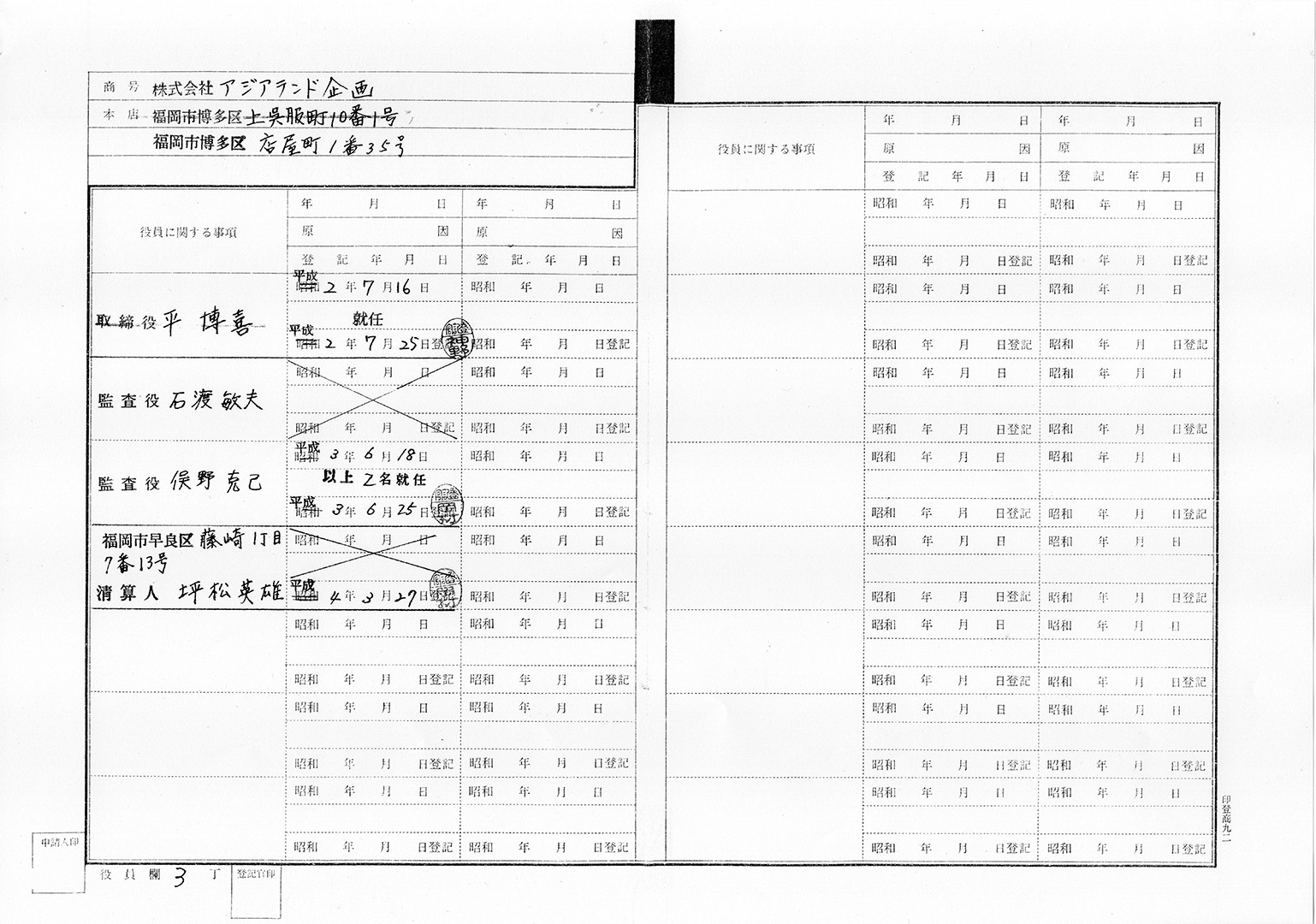株式会社アジアランド企画の謄本（閉鎖登記簿）
