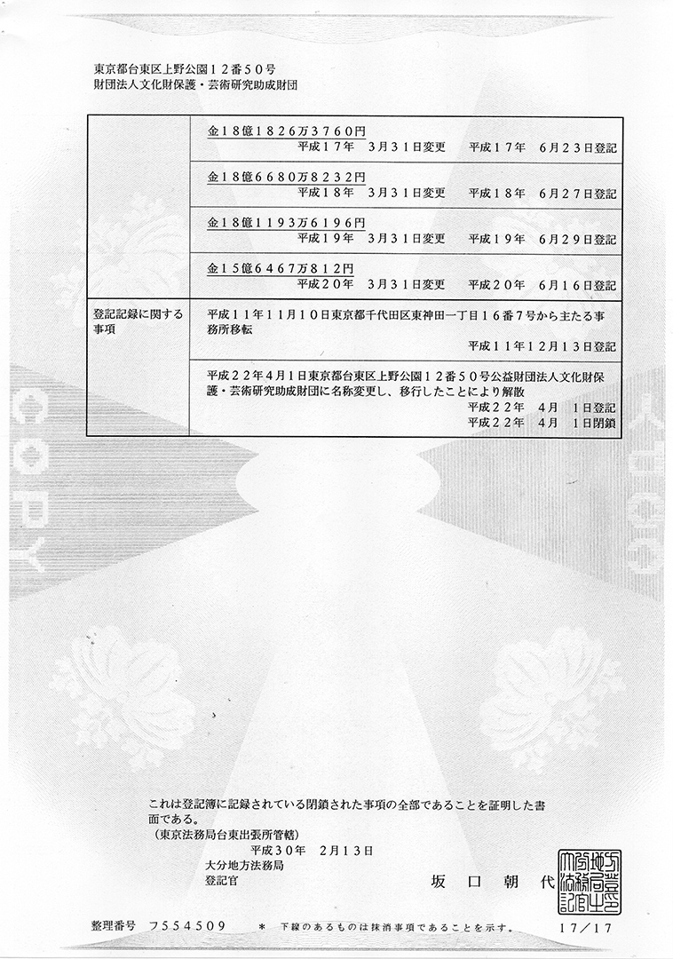 財団法人文化財保護振興財団 謄本（閉鎖事項全部証明書）